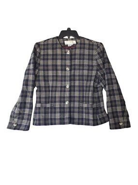 Rena Rowan Saville Size 10 Wool Jacket Blue White Gold Plaid Button Front